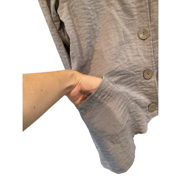 Lulu B Womens Button Up Shirt Medium M Grey Crinkly Jacket Lagenlook Artsy Boho - Picture 7 of 12